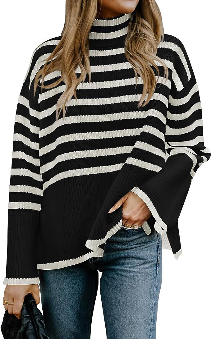 ZESICA Women's 2023 Winter Sweaters Casual Turtleneck Long Sleeve Striped Side Slit Loose Pullove... | Amazon (US)