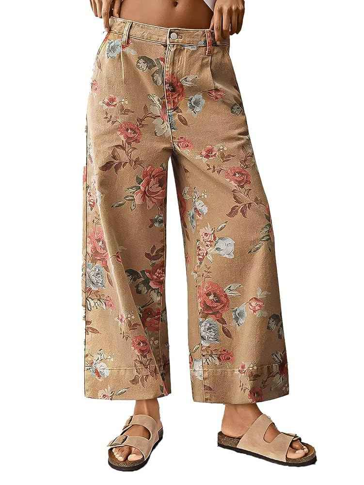 Flamingals Floral Print Wide Leg Cropped Pants for Women Trendy Mid Rise Boho Ankle Cute Jeans | Amazon (US)
