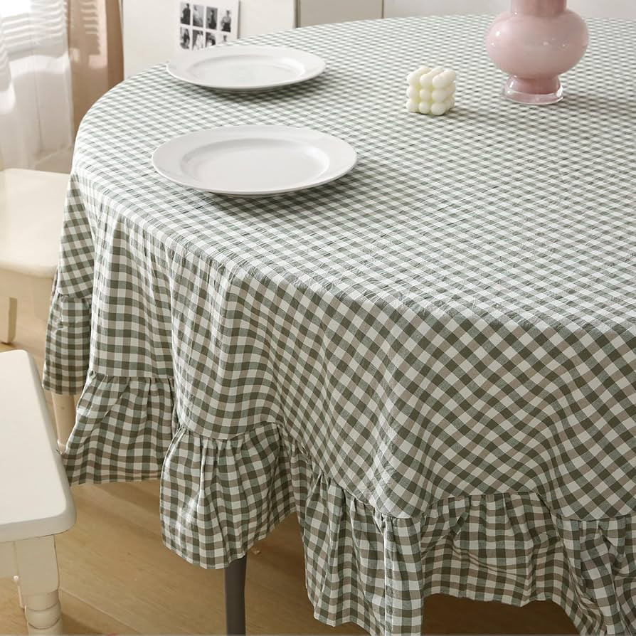 Sage Green Plaid Ruffled Table Cloth Round Cover, 100% Washed Cotton Farmhouse Checker Gingham Vi... | Amazon (US)