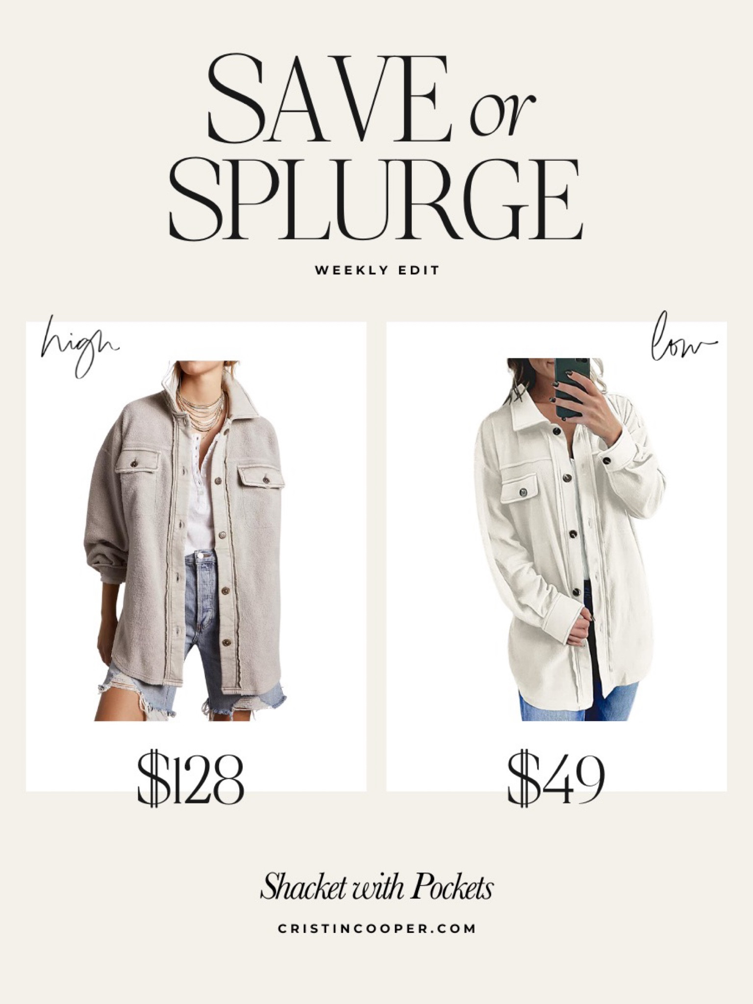 Save or Splurge

Shacket with Pockets 

For more Finds head to Cristincooper.Com 

#LTKSeasonal #LTKstyletip
