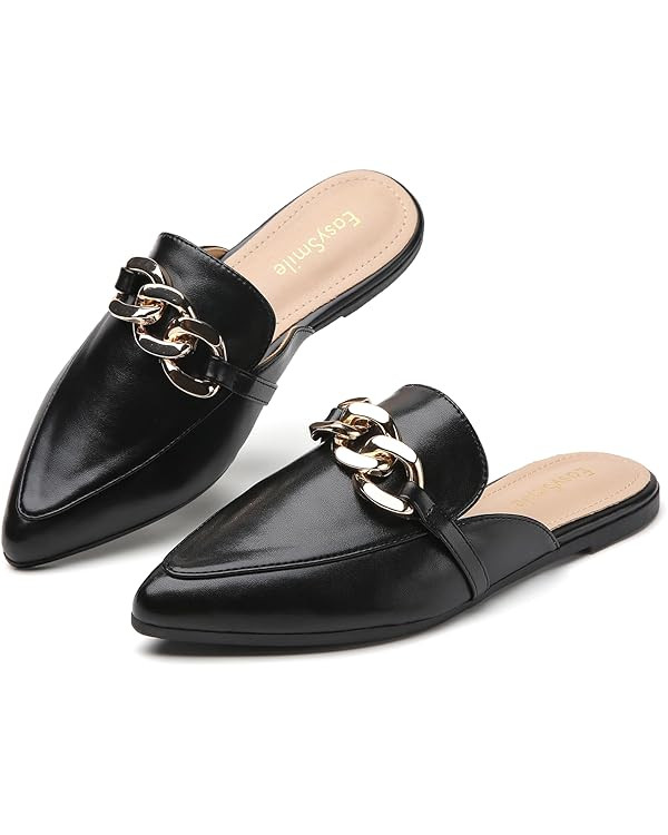 Metal Chain Decor Flat Mules for Women Closed Pointed Toe Slip on Loafers Slides Backless Mules S... | Amazon (US)