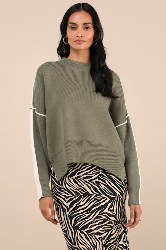 Seasonally Stylish Green and Ivory Color Block Pullover Sweater | Lulus