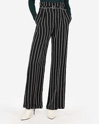 Express Womens High Waisted Striped Belted Wide Leg Palazzo Pant Black And White Women's 00 Short Black And White 00 Short | Express