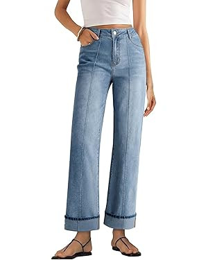 Sidefeel Women's Wide Leg Cuffed Jeans High Waisted Baggy Stretchy Denim Pants with Pockets | Amazon (US)