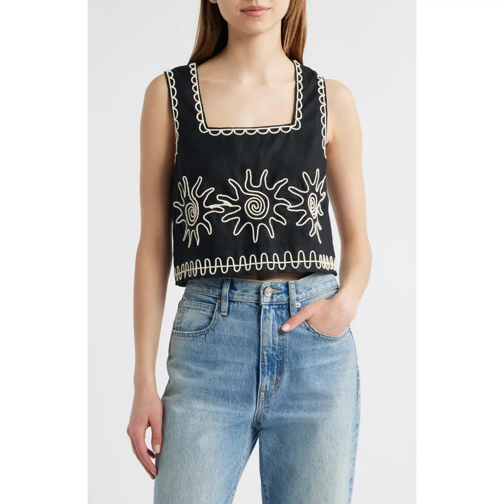 Rails Akira Linen Crop Tank Top in Sun Embroidery at Nordstrom, Size X-Large | Nordstrom