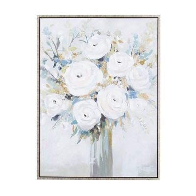 Olivia & May Canvas Floral Handmade Bouquet Framed Wall Art with Silver Frame White: Botanical Painting, Farmhouse Style Decor | Target