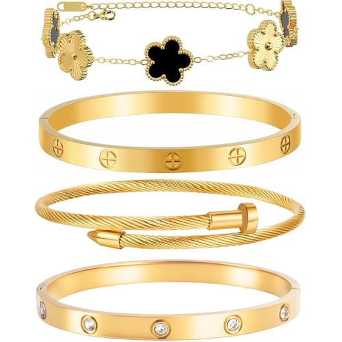 Gold Bracelets for Women-4Pcs/3Pcs,18K Gold Plated Bangle Tennis Bracelets Stack Set for Women Trendy Non Tarnish Stainless Steel Gold Bangles Accessories Designer Jewelry (Bracelets Stack 4Set (Floral Black+Gold Bracelets,Bangle)) | Amazon (US)