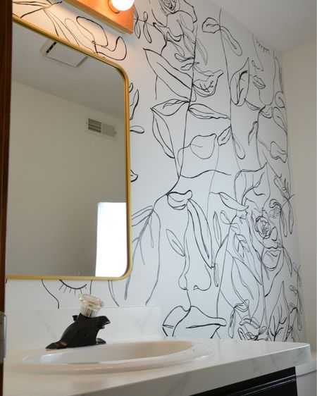 Target Gold Mirror with black and white hand drawn wallpaper in bathroom. Budget Bathroom Decor  #goldmirror #modern

#LTKunder100 #LTKhome