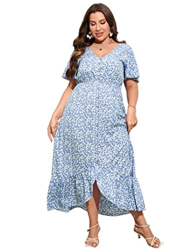 KOJOOIN Plus Size Summer Dress for Curvy Women Short Sleeve V Neck Button Ruffle Hem High Low Floral Maxi Dress Light Blue Flower 5XL | Amazon (US)
