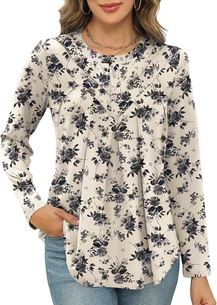 IECCP Tunic Tops for Women Loose Fit Dressy Henley Long Sleeve Pleated Floral Print Button Up Blo... | Amazon (US)