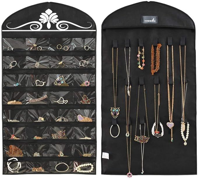 Misslo Jewelry Hanging Non-Woven Organizer Holder 32 Pockets 18 Hook and Loops - Black | Amazon (US)