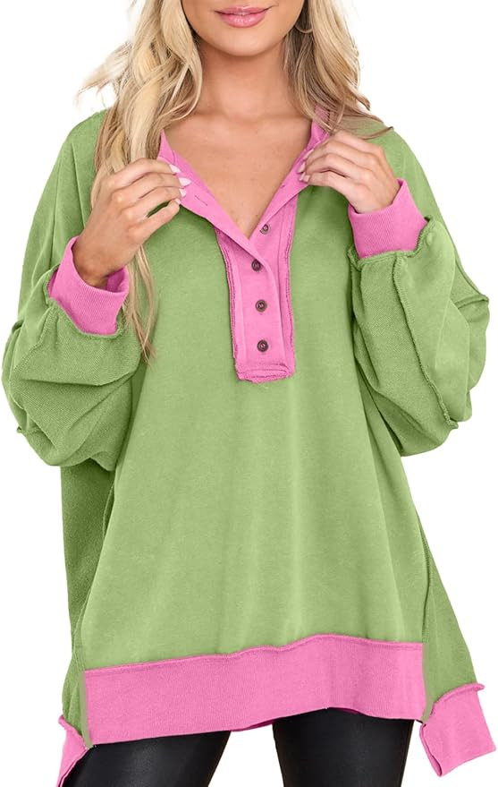AlvaQ Sweatshirt for Women Oversized Casual Long Sleeve Button Henley Neck Pullover Tunic Tops Fa... | Amazon (US)