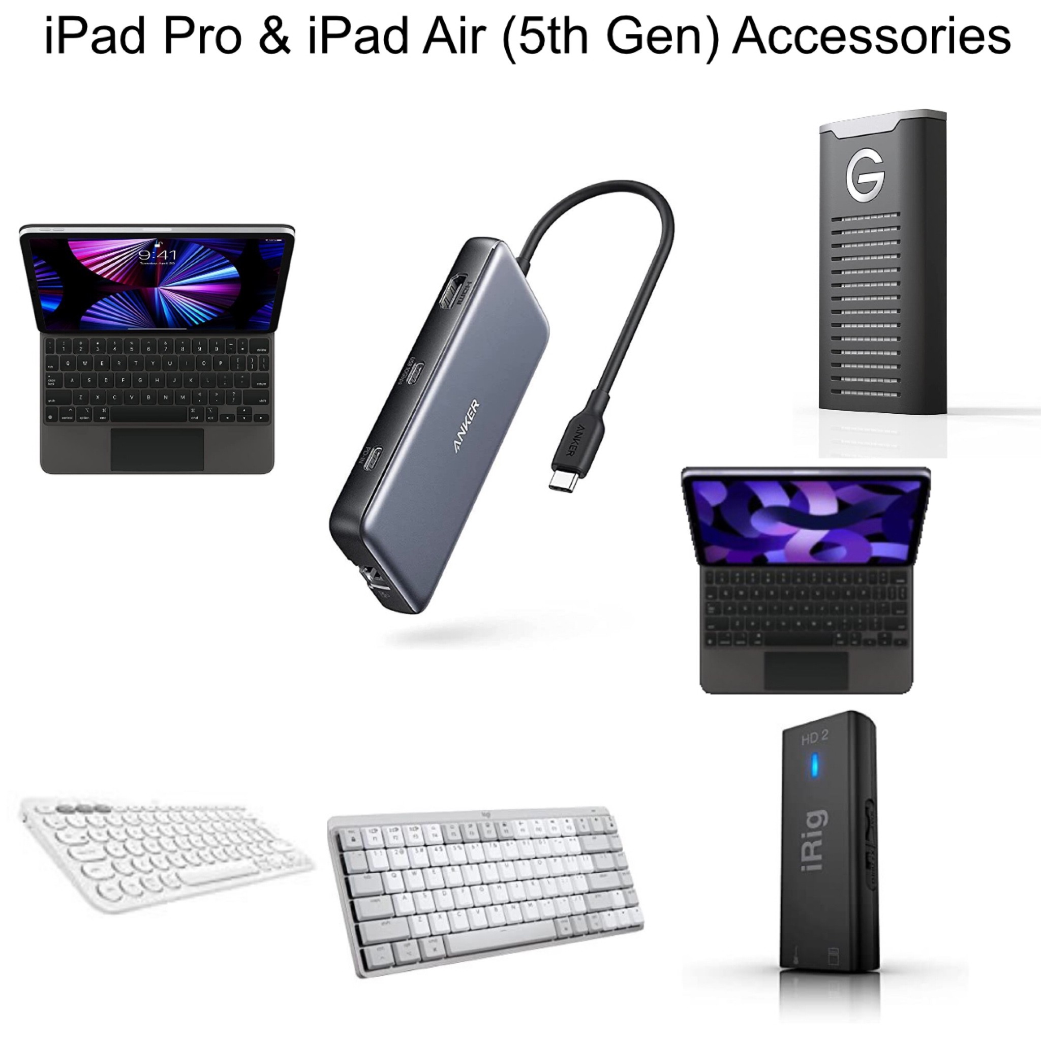 Anker USB-C 8-n-1 555 Hub.

SanDisk G-Drive 2TB SSD.

iRig HD 2.

Logitech k380 Bluetooth (triple device) keyboard.

Logitech Mechanical MX Keyboard.

Apple Magic Keyboard Case

Apple Smart Folio Keyboard Case

#LTKhome