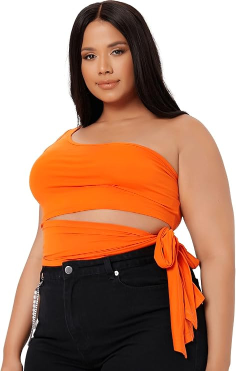 WDIRARA Women's Plus Size One Shoulder Cut Out Tie Side Sleeveless Crop Top | Amazon (US)