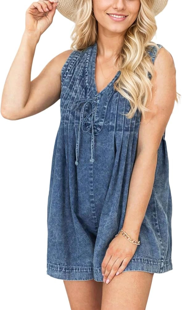 Women Denim Romper Sleeveless Casual Rompers V-Neck Tie Front Jean Summer Overall Shorts with Poc... | Amazon (US)