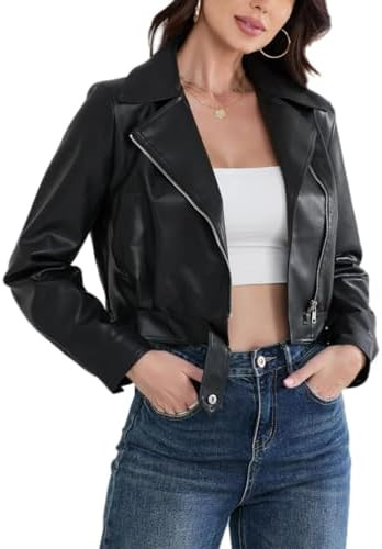 Leather Jacket Women Cropped Black Split Cuffs Side Zip Up Button Hem Bomber Jacket Women Trendy ... | Amazon (US)