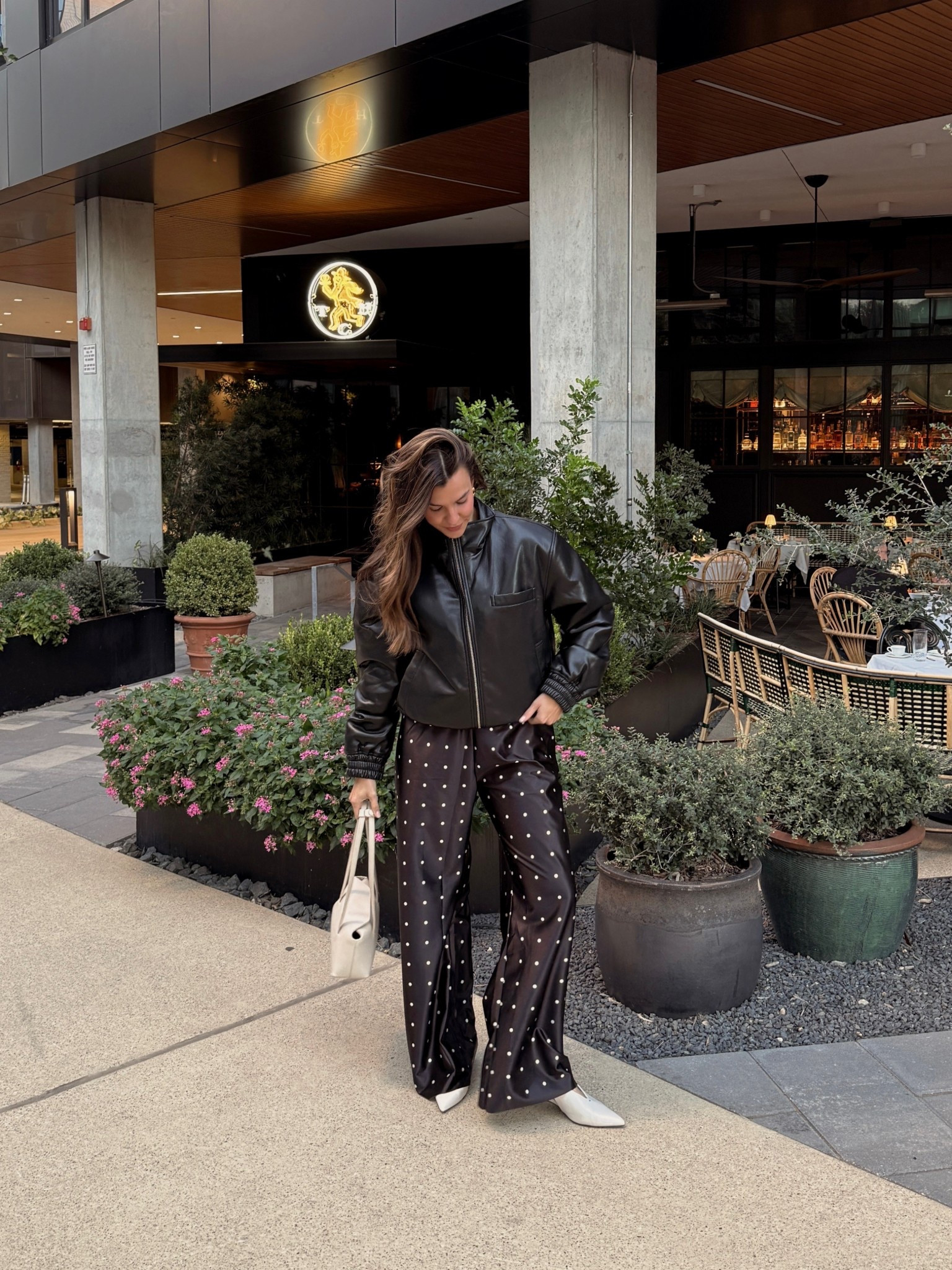 Cute date night look for fall!
Wearing size medium in the Aritzia jacket and size small in the Amazon satin pants!

Casual fall look aritzia bomber jacket Amazon fashion Amazon heels Freja bag Amazon earrings