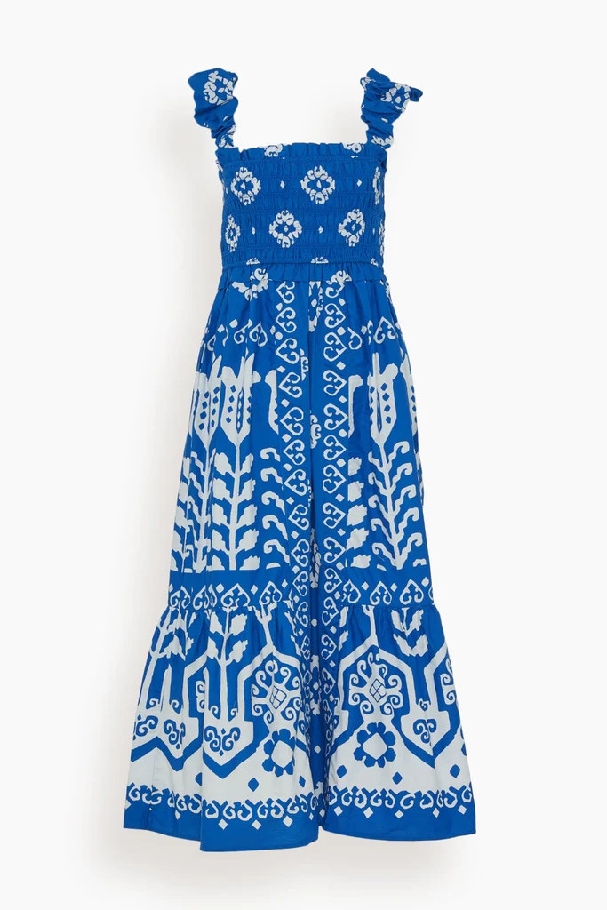 Sonia Print Sleeveless Smocked Dress in Blue | Hampden Clothing