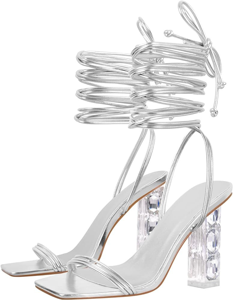 LISHAN Womens' Clear Strappy Chunky Block 4in Heels Rhinestone Bow Knot Sandals | Amazon (US)