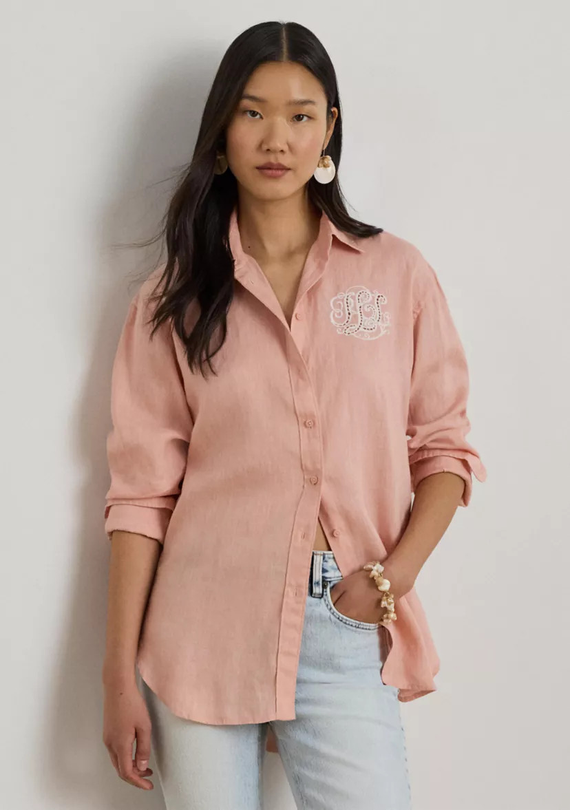 Women's Relaxed Fit Eyelet-Logo Linen Shirt | Belk
