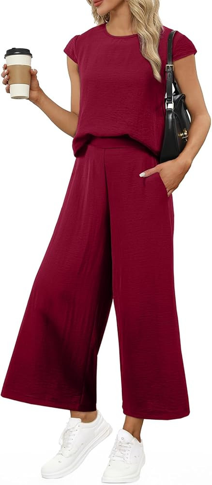 EVALESS Women's Summer 2 Piece Outfits Fashion 2025 Cap Sleeve Top and Wide Leg Pants Matching Se... | Amazon (US)