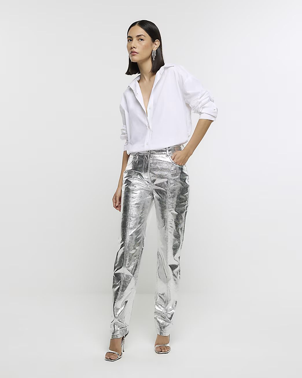 Silver metallic straight leg trousers | River Island (UK & IE)