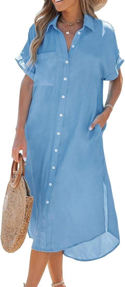 CUPSHE Dress for Women Bell Short Sleeve Button Down Dress V Neck Casual Shirt Dresses | Amazon (US)