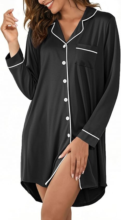 Nightgowns for Women Button Down Sleep Shirts Short Sleeve Nightshirt Boyfriend Nightdress V Neck... | Amazon (US)
