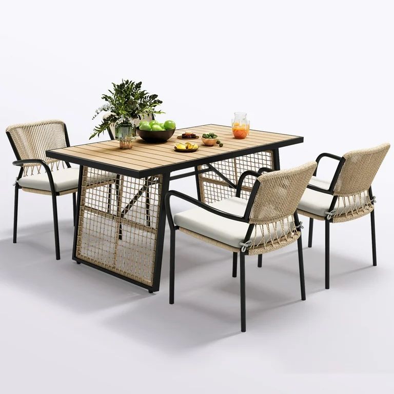 Dextrus 5-Piece Patio Outdoor Dining Set, Wicker Patio Furniture Set of 4 Rattan Dining Chairs wi... | Walmart (US)