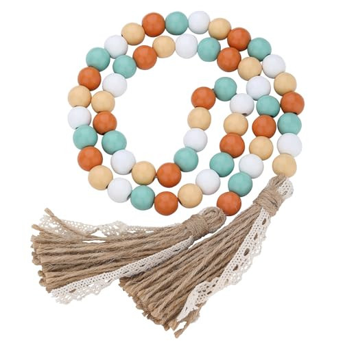 Fall Decorations Harvest Wood Bead Garland with Tassel, Home Farmhouse Tiered Tray Decor with Jute Rope Plaid Tassel Rustic Fall Décor for Mantle Porch Door Shelf Orange White Rae Dunn Autumn Beads | Amazon (US)