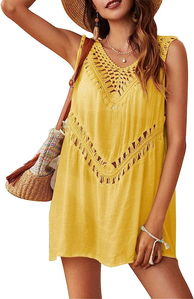 SIAEAMRG Swimsuit Cover Ups for Women Hollow Out Bathing Suit Bikini Coverups Crochet Chiffon Sum... | Amazon (US)