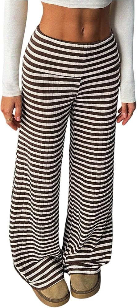 RoseSeek Women's Striped Foldover Pants Wide Leg Elastic High Waisted Pants | Amazon (US)