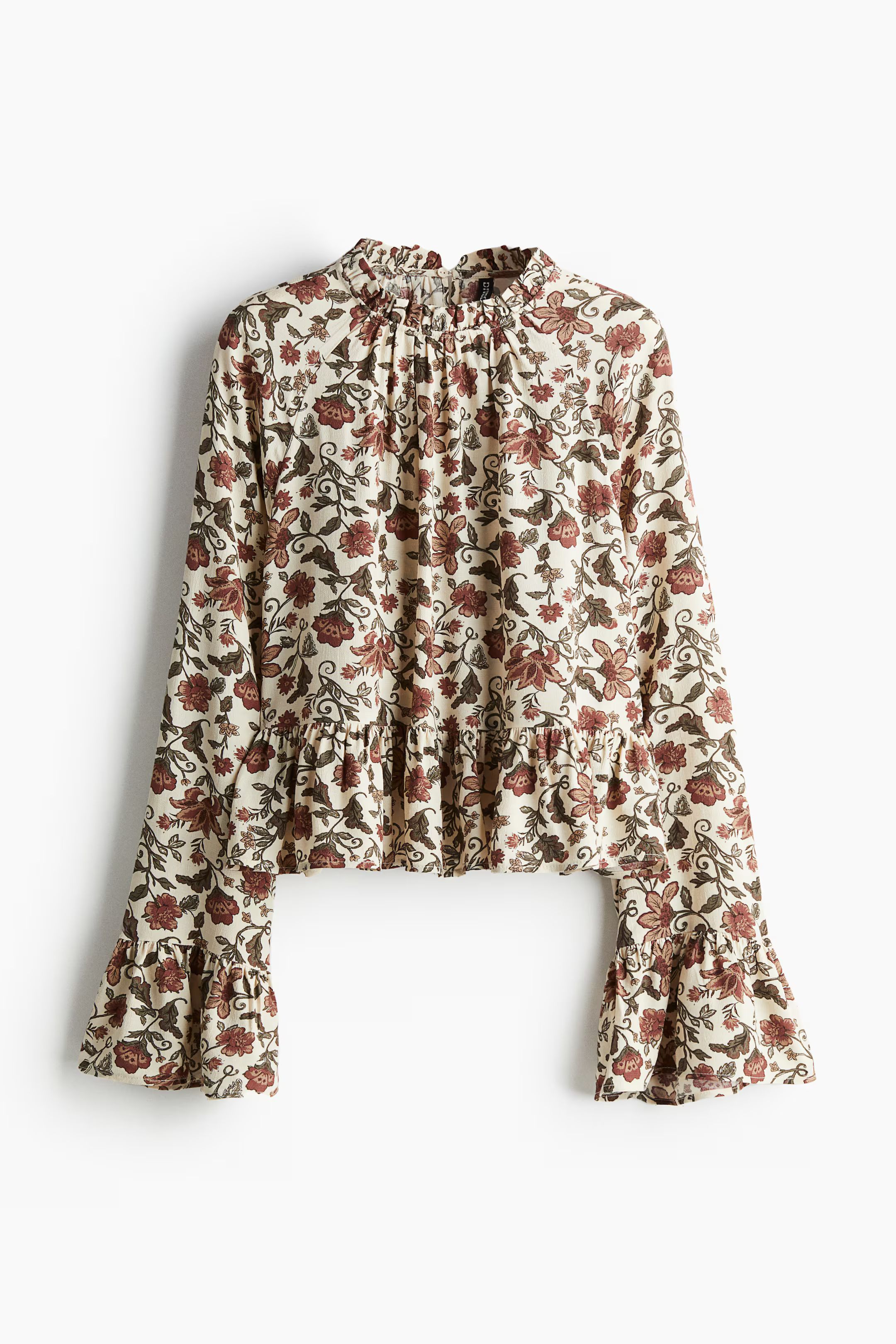 Ruffled Peplum Blouse - Round Neck - Long sleeve - Cream/floral - Ladies | H&M US | H&M (US + CA)