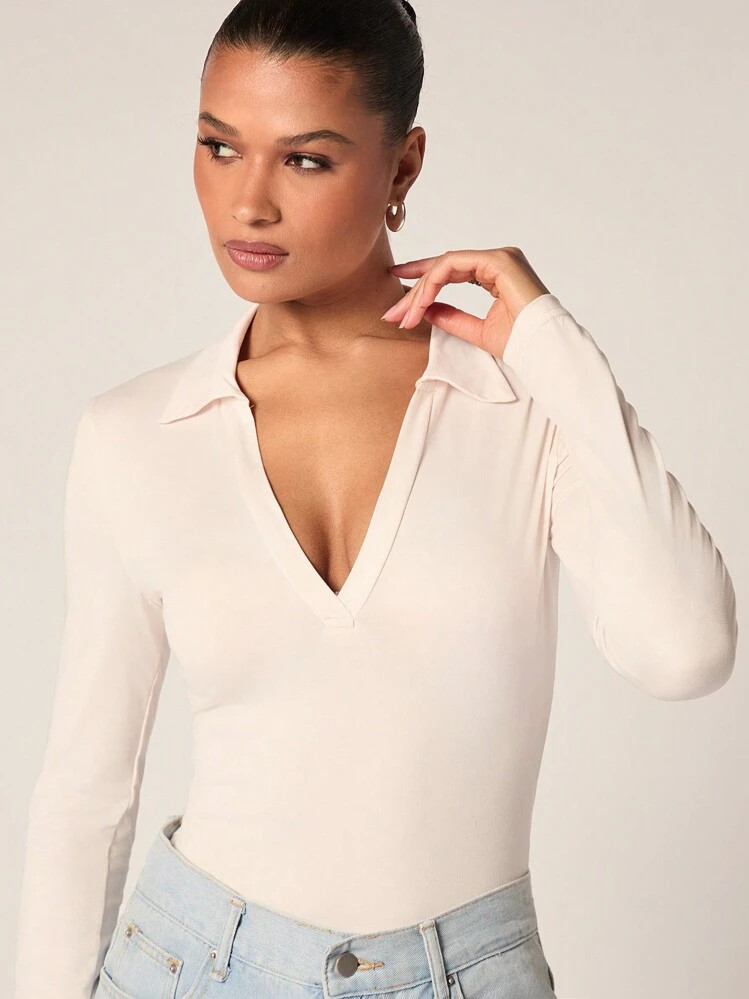 Glamine Dames Effen Polokraag Slim Fit Casual Lange Mouw T-Shirt | SHEIN