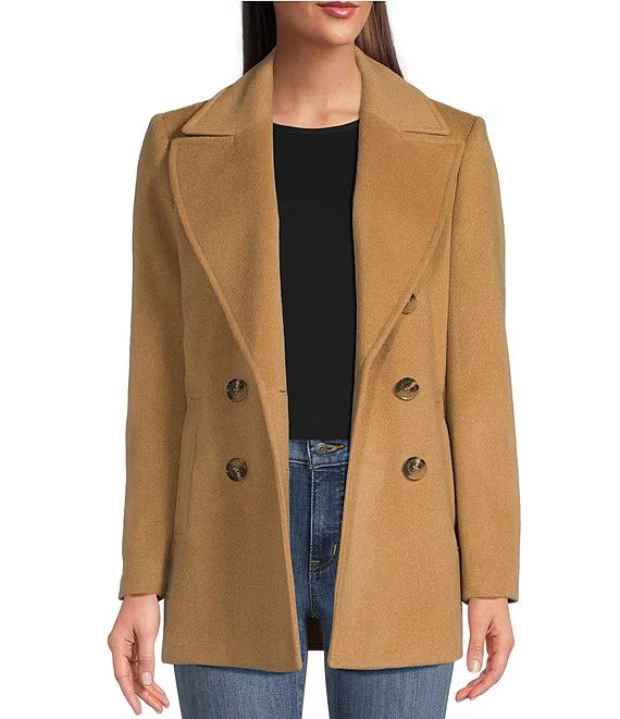 Petite Size Double Breasted Button Front Notch Collar Wool Blend Peacoat | Dillard's