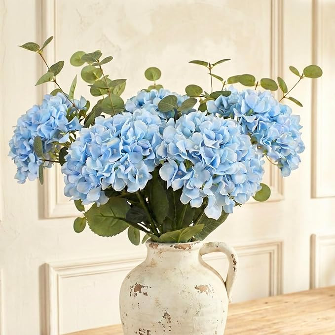 Blue Hydrangea Artificial Flowers Arrangement, 5 Real Touch Hydrangea Stems & 3 Faux Eucalyptus, ... | Amazon (US)