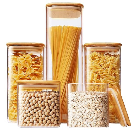 HomArtist Square Glass Jars with Bamboo Lids [Muti Size Set of 5], Glass Canisters with Airtight Lids, Glass Food Storage Containers for Pasta, Cereal, Flour, Sugar, Best for Kitchen & Pantry | Amazon (US)