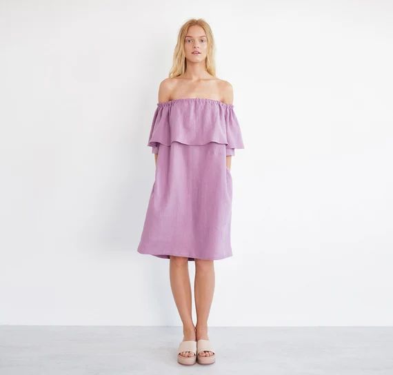 THALIA Ruffle Off The Shoulder Dress / Washed Linen Women Dress / Ruffled Linen Dress / Midi Linen S | Etsy (US)