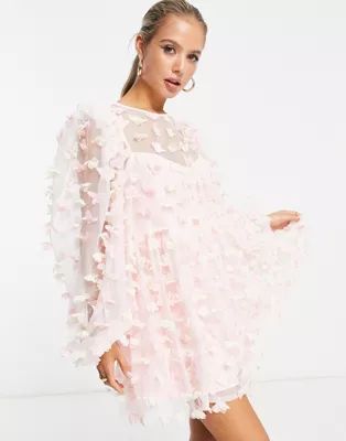 ASOS EDTION 3d floral mesh smock mini dress in pink | ASOS (Global)