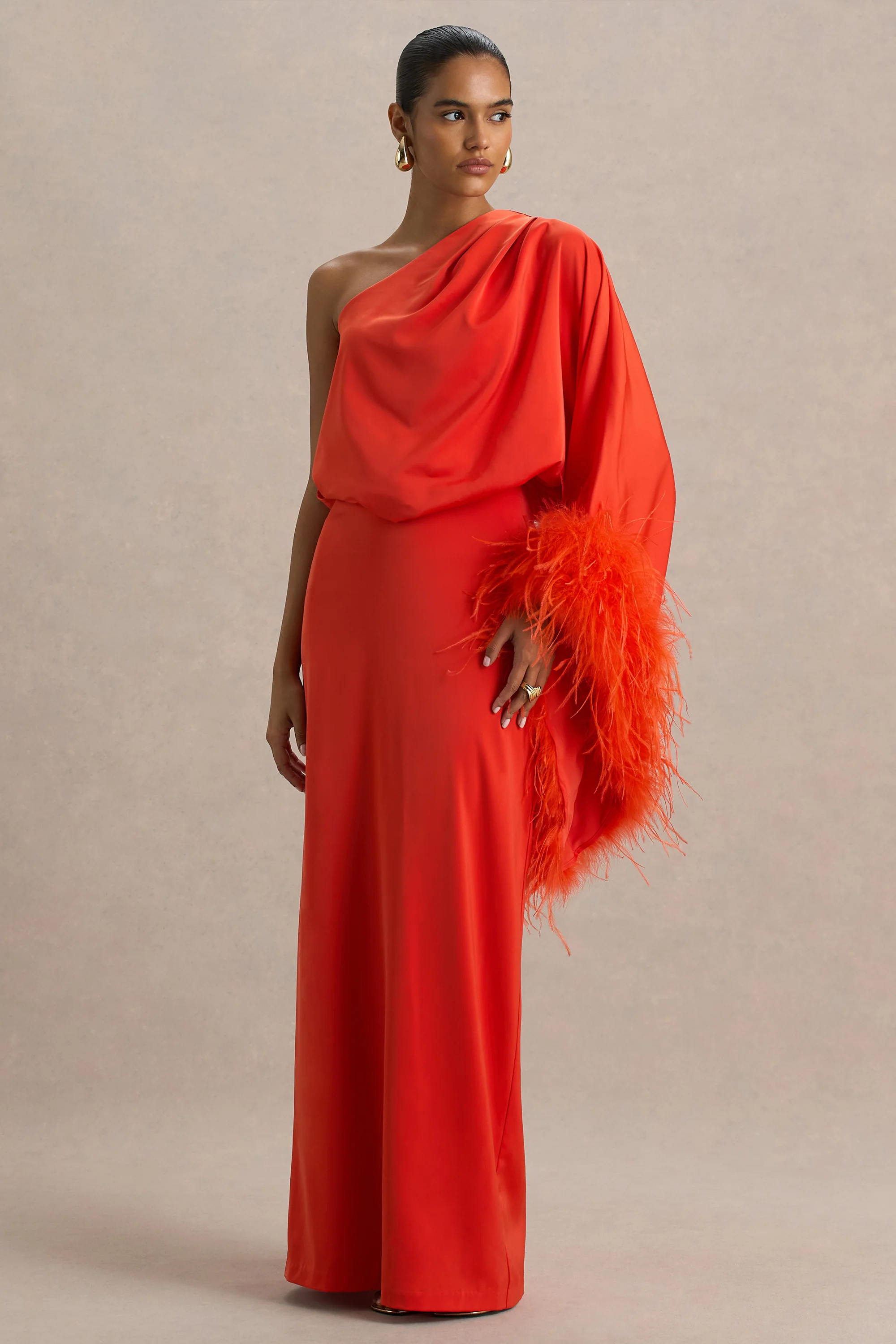 Felicity | Orange Satin Asymmetric-Neck Maxi Dress With Feather Detailing | Club L London