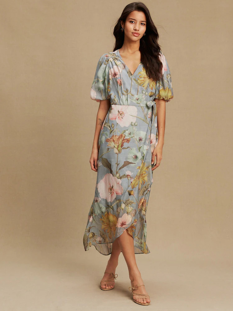 Blue Floral Print Puff Short Sleeve Wrap Occasion Midi Dress | Next US