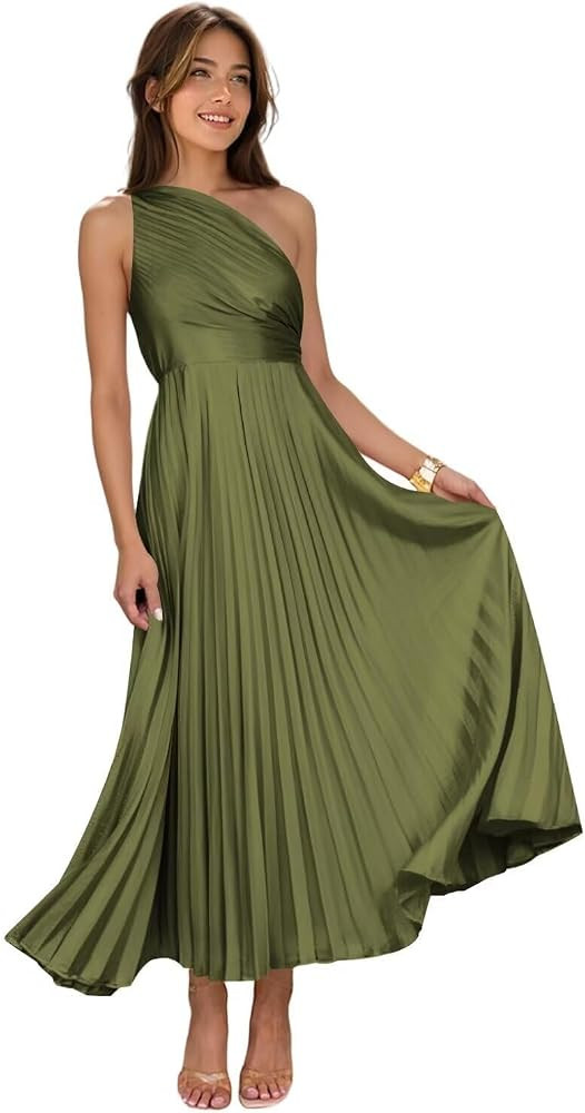 One Shoulder Satin Bridesmaid Dresses for Women Pleated Satin Formal Dress Long Empire Waist Prom... | Amazon (US)
