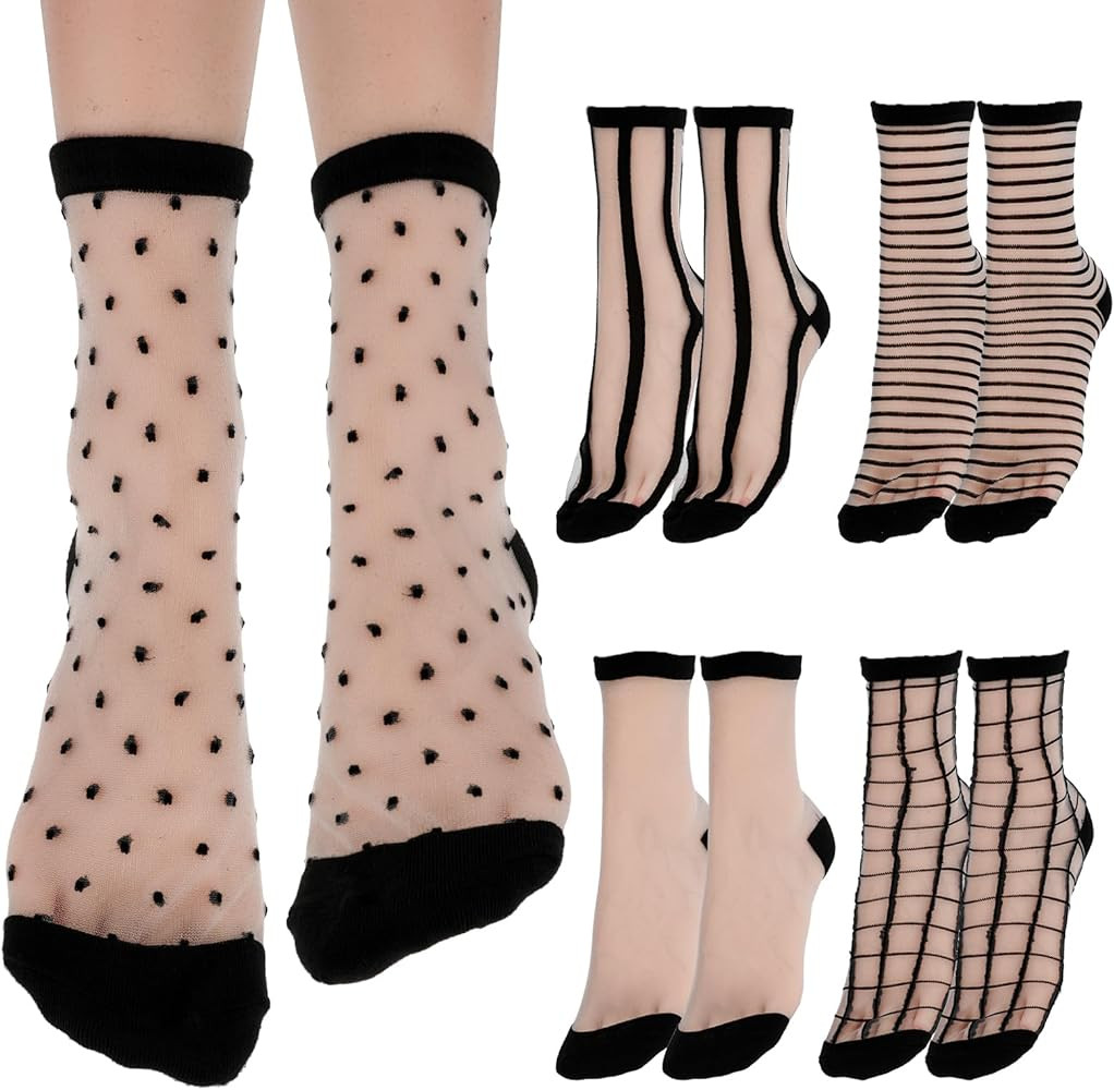 Lusofie 5 Pairs Sheer Black See-Through Socks - Checkered Dot Striped Plaid Ankle Summer Socks fo... | Amazon (US)