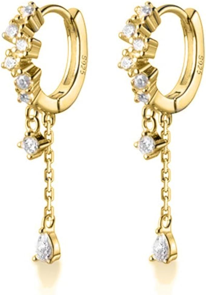 Amazon.com: SLUYNZ 925 Sterling Silver CZ Hoop Earrings Dangle for Women Teen Girls Teardrop Hugg... | Amazon (US)