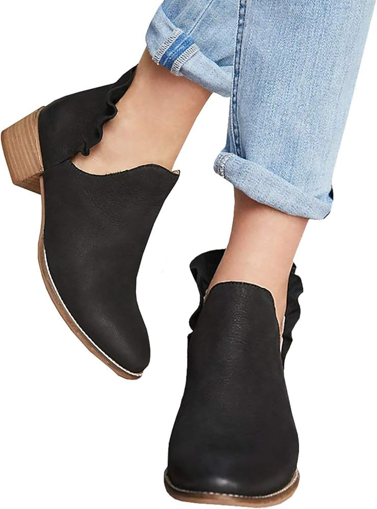 Fashare Womens Fall Cutout Booties Ankle Heels Low Stacked Ruffle Slip On Dress Short Boots Shoes | Amazon (US)