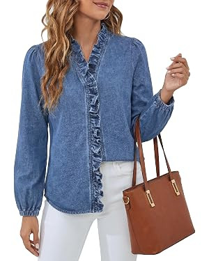 Denim Shirt Women Button Down Jean Shirt Chambray Ruffle V-Nenck Top | Hidden Button Down Blouse,... | Amazon (US)