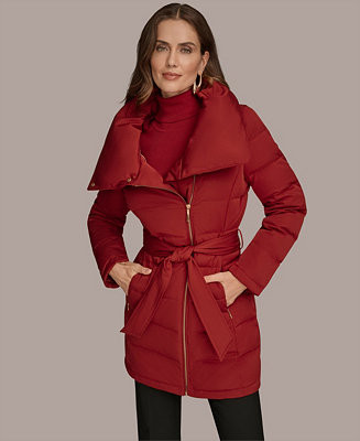 Donna Karan New York Women's Belted Asymmetric Puffer Coat - Macy's | Macy's