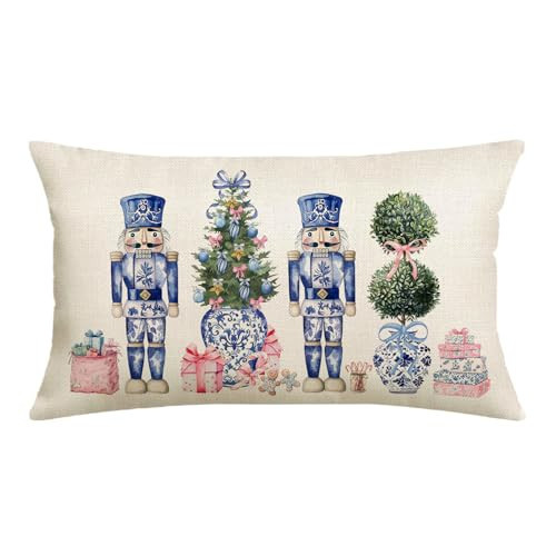 Blue Christmas Throw Pillow Cover 12x20 Inch Chinoiserie Nutcracker Christmas Decor Winter Holiday Party Cushion Case Decoration for Sofa Couch | Amazon (US)