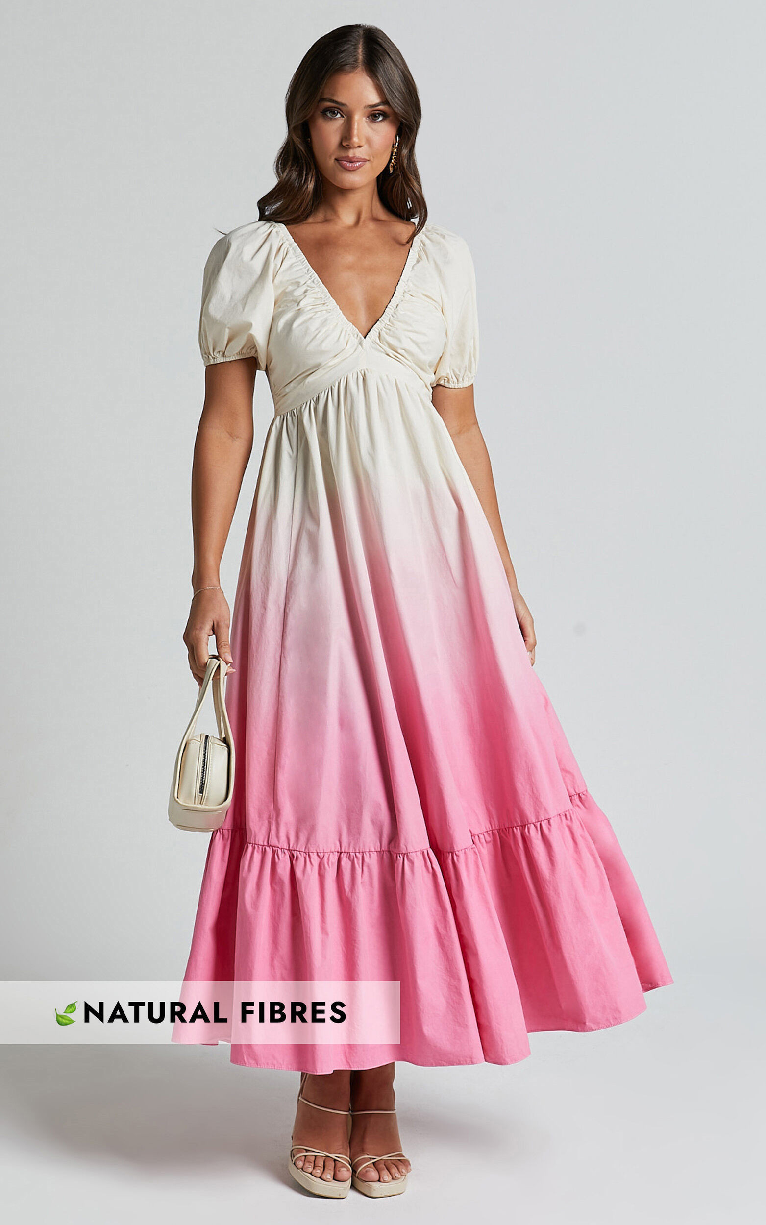 Nathaley Midi Dress - Plunge Neck Puff Sleeve Dress in Pink Ombre | Showpo (US, UK & Europe)