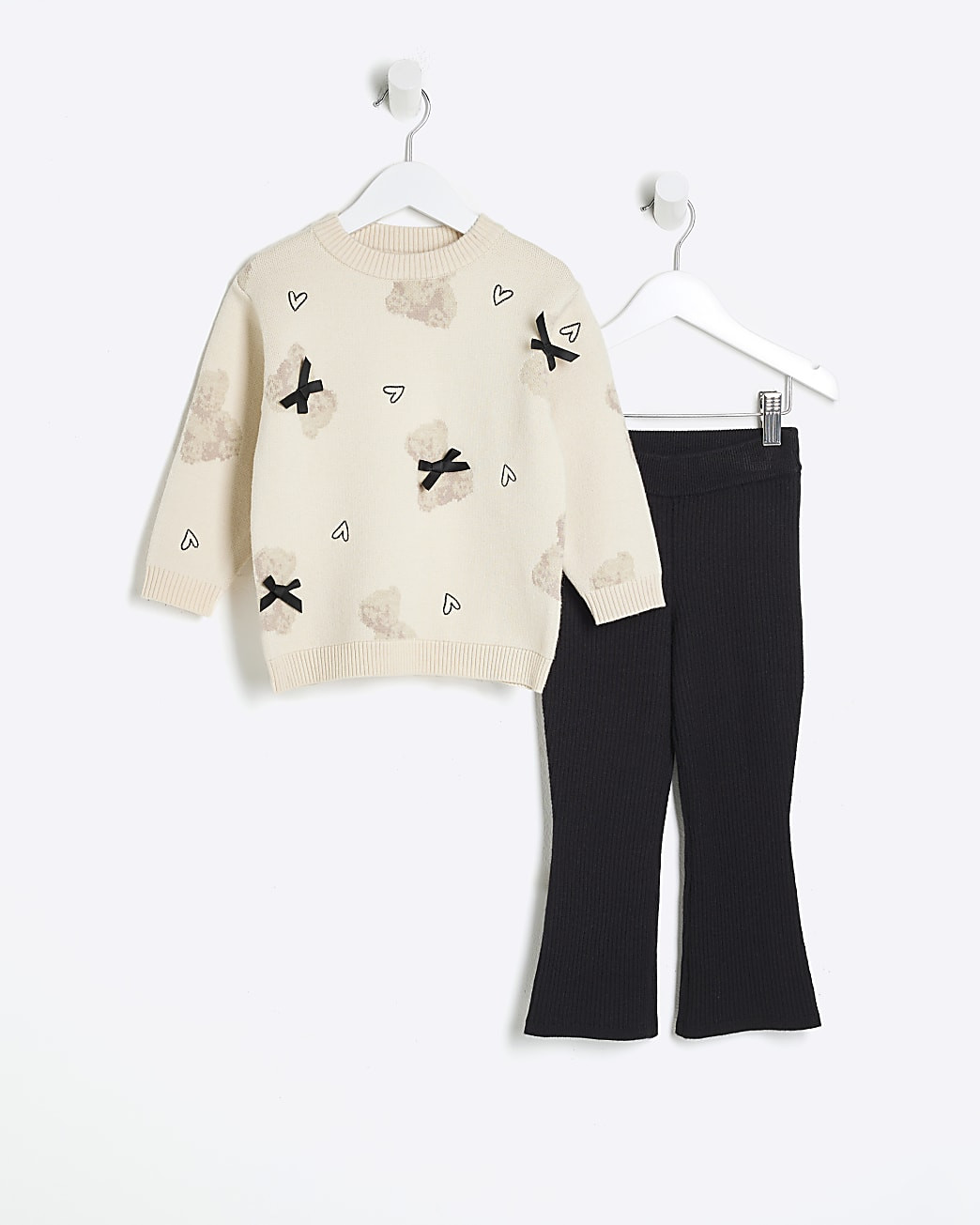 Mini Girls Cream Bear Bow Flare Jumper Set | River Island UK & IE